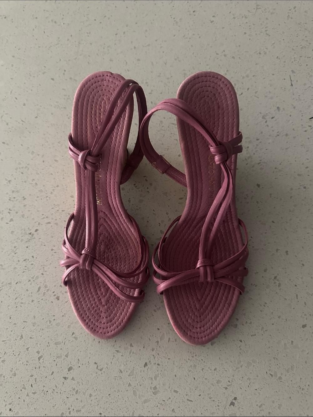Vintage Strappy Knot Pink Mauve Leather Wedge Heels 7.5